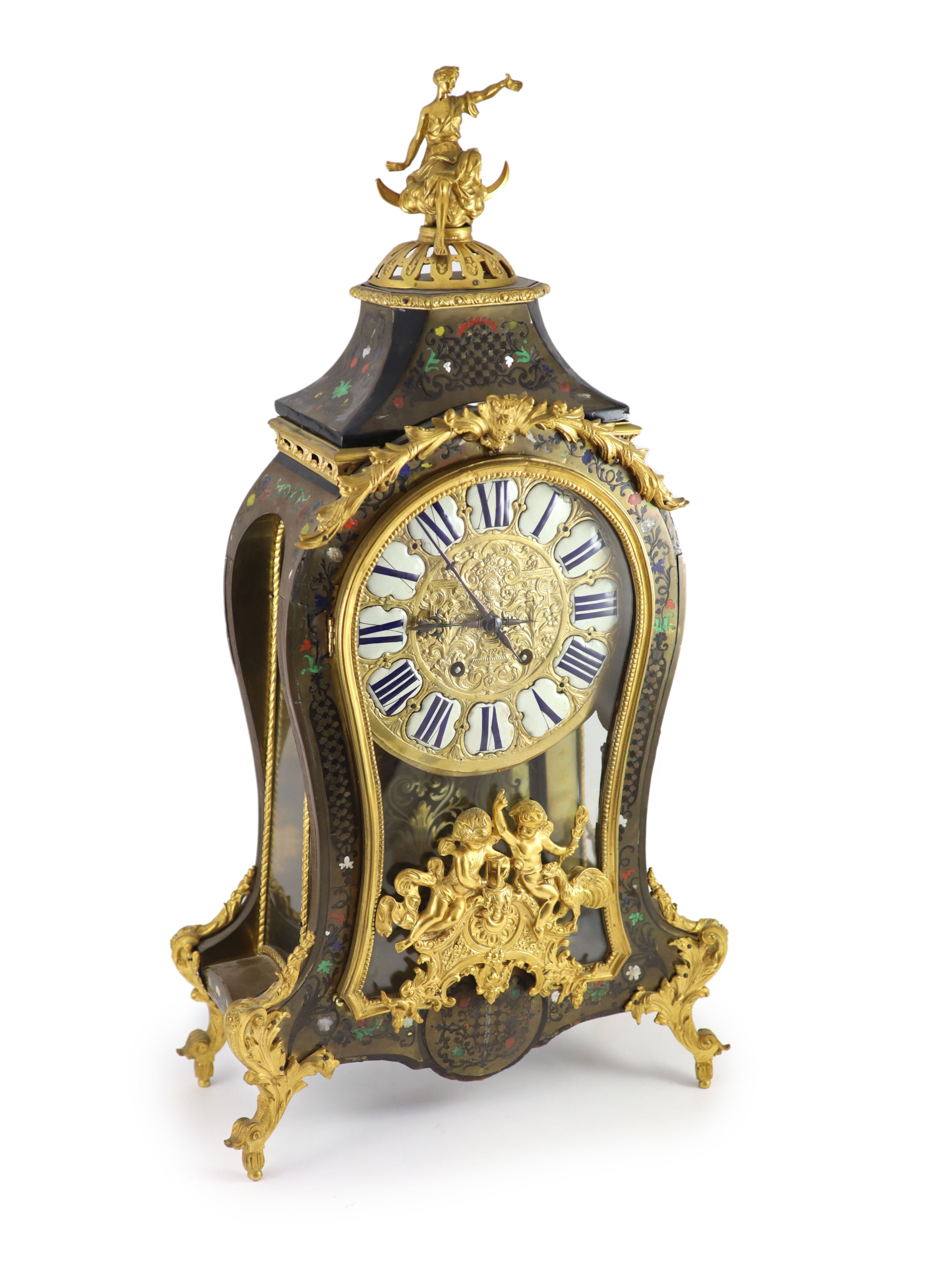 A Louis XV style ormolu mounted boullework mantel clock, height 81cm